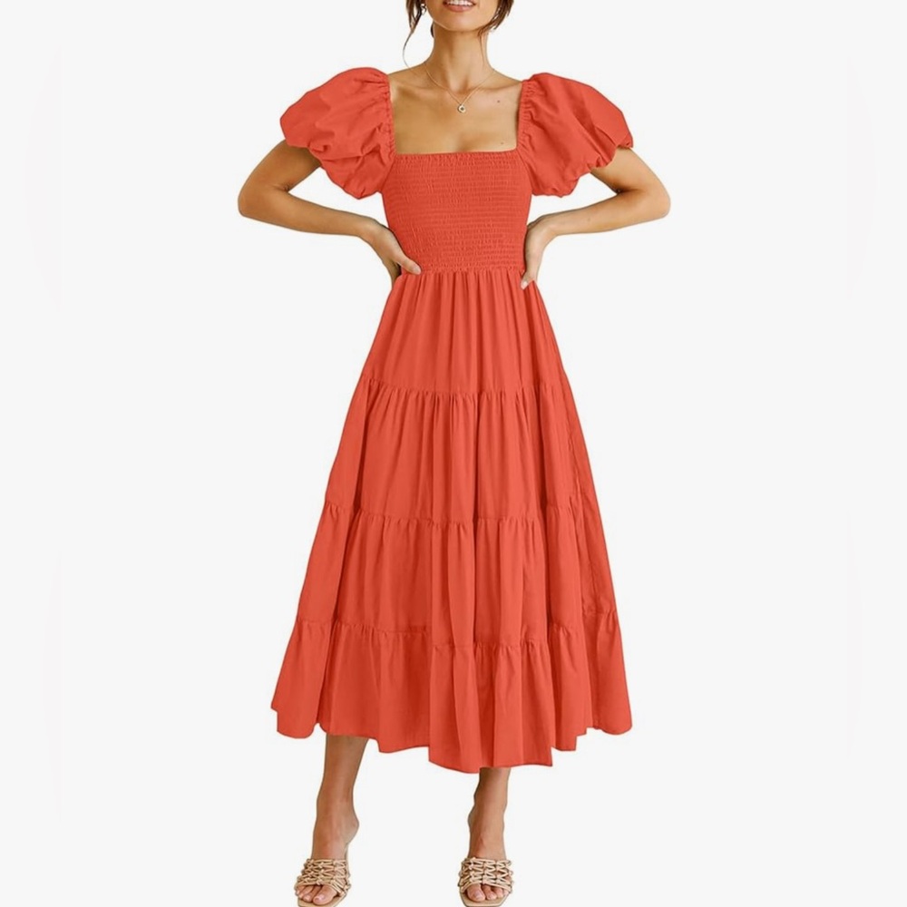 NWT - Anrabess - Women's 2025 Summer Casual Midi Dress Puffy Short Sleeve Square